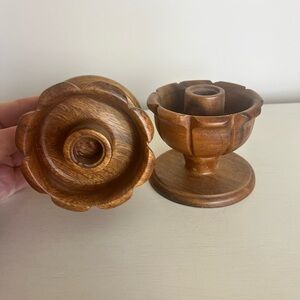 Two Vtg Monkey Pod Wood  Flower Taper Candleholders MCM Candlestick holder